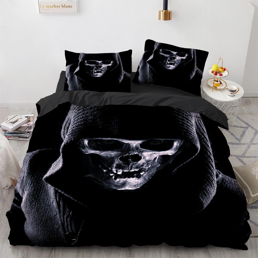 Комплект постельного белья Black Hat Skull Queen Size Хэллоуин Комплекты пододеяльников Современный стиль Спальный комплект постельного белья Чехол для одеяла Наволочки