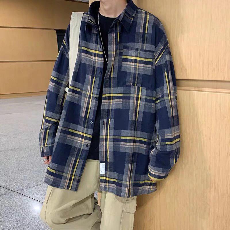 Корейская студенческая трендовая клетчатая рубашка свободного кроя: Унисекс куртка с длинным рукавом в гонконгском стиле