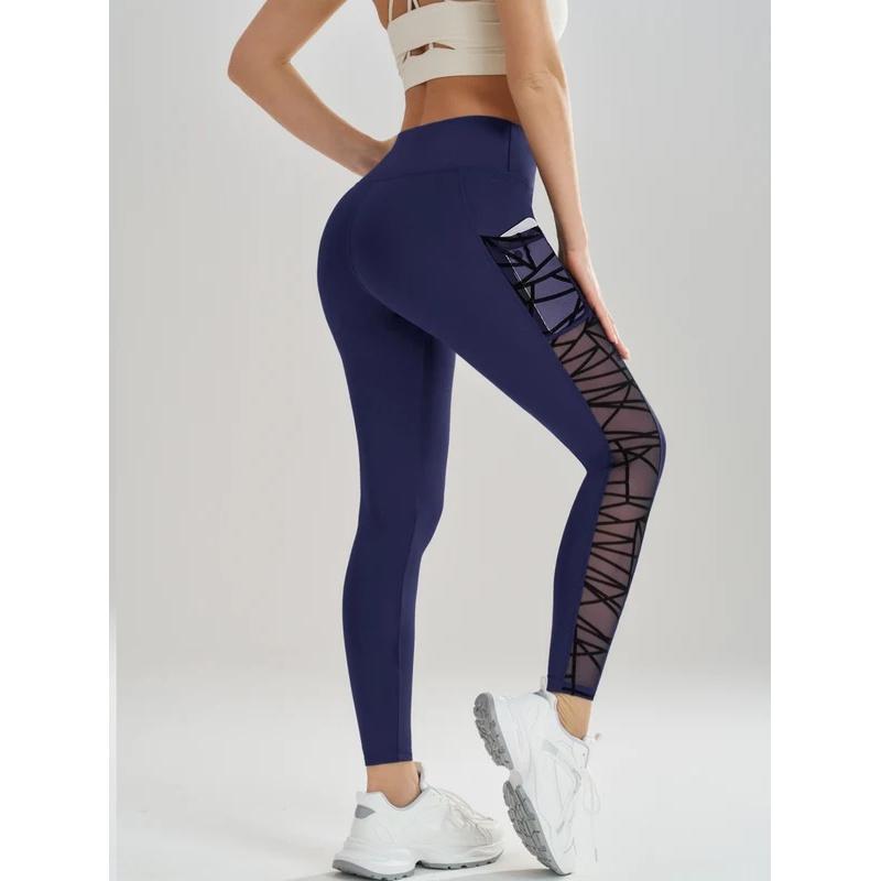 Side Pockets High Waist Yoga Leggings for Women, Mesh Panel Compression Butt Lifting Workout Gym Pants