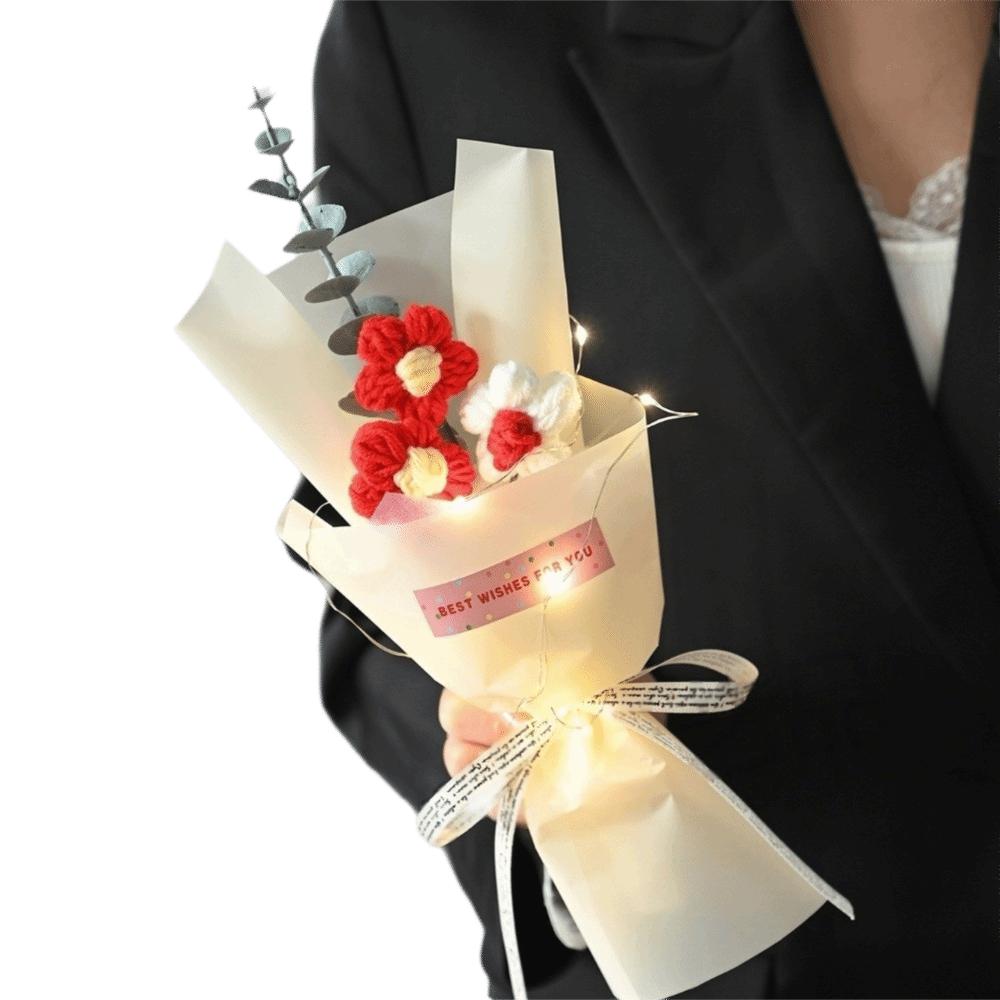 LED Lights Crochet Flowers Bouquet Knitted Artificial Daisy Bouquet Valentine'S Day