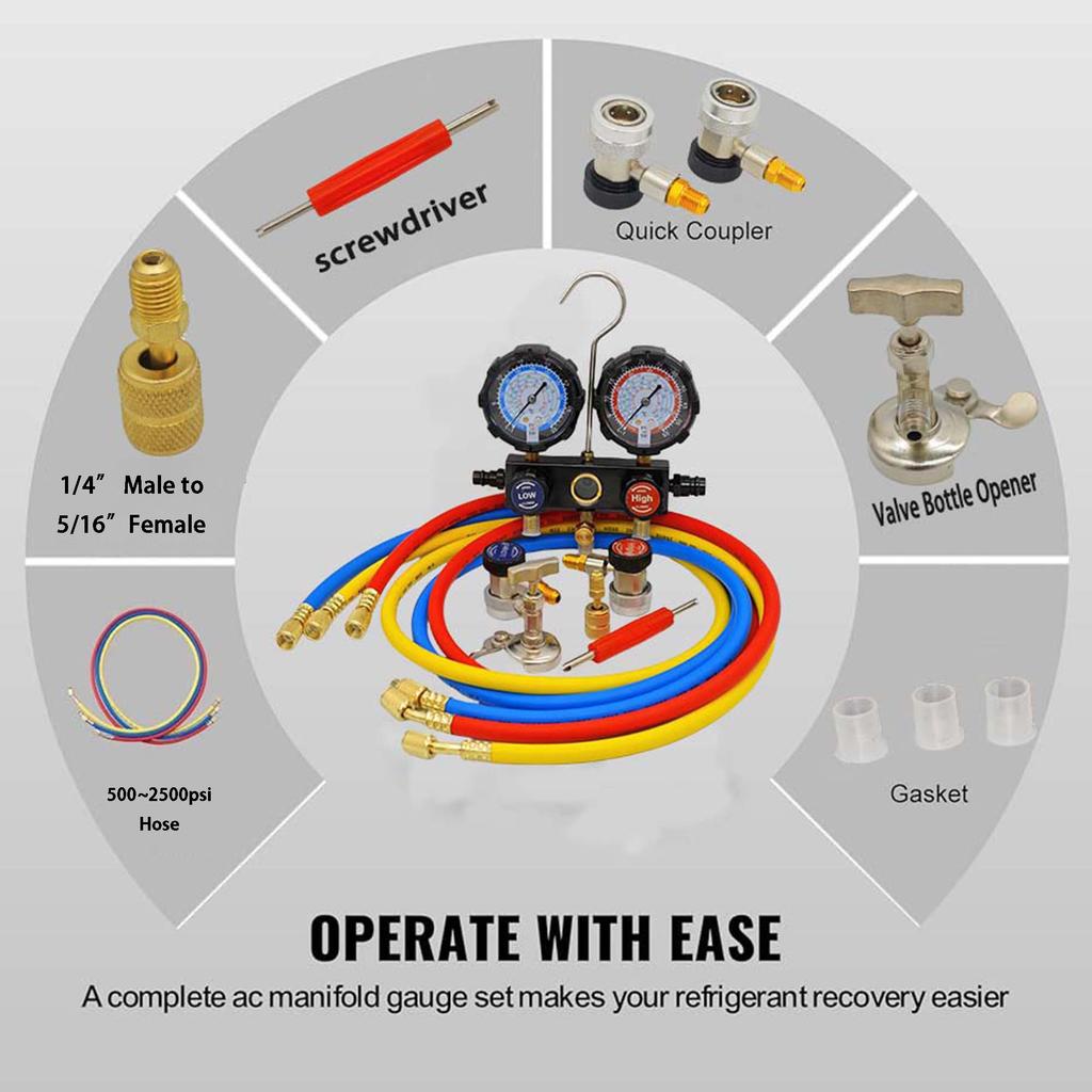 Комплект манометрического коллектора R410A R22 R134a R404A для хладагента, 3-ходовой заправочный рукав для фреона с шлангом 1,45 м, муфтой и адаптером
