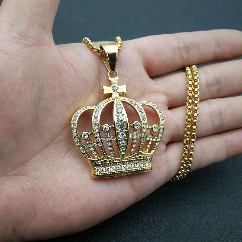 New Men's Hip Hop Gold Silver 316L Stainless Steel Plated Iced Out Crystal King Crown Pendant Necklace Fashion Jewelry Gift