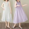 Fashion Fan Solid Color Cotton and Linen Dress Women's 2025 Summer New Crew Neck Sleeveless Pleated Temperament Medium and Long Dress