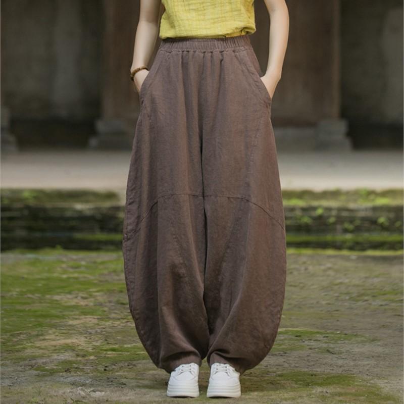 Johnature Женские винтажные шаровары с эластичной талией, осенние однотонные лоскутные свободные длинные брюки
