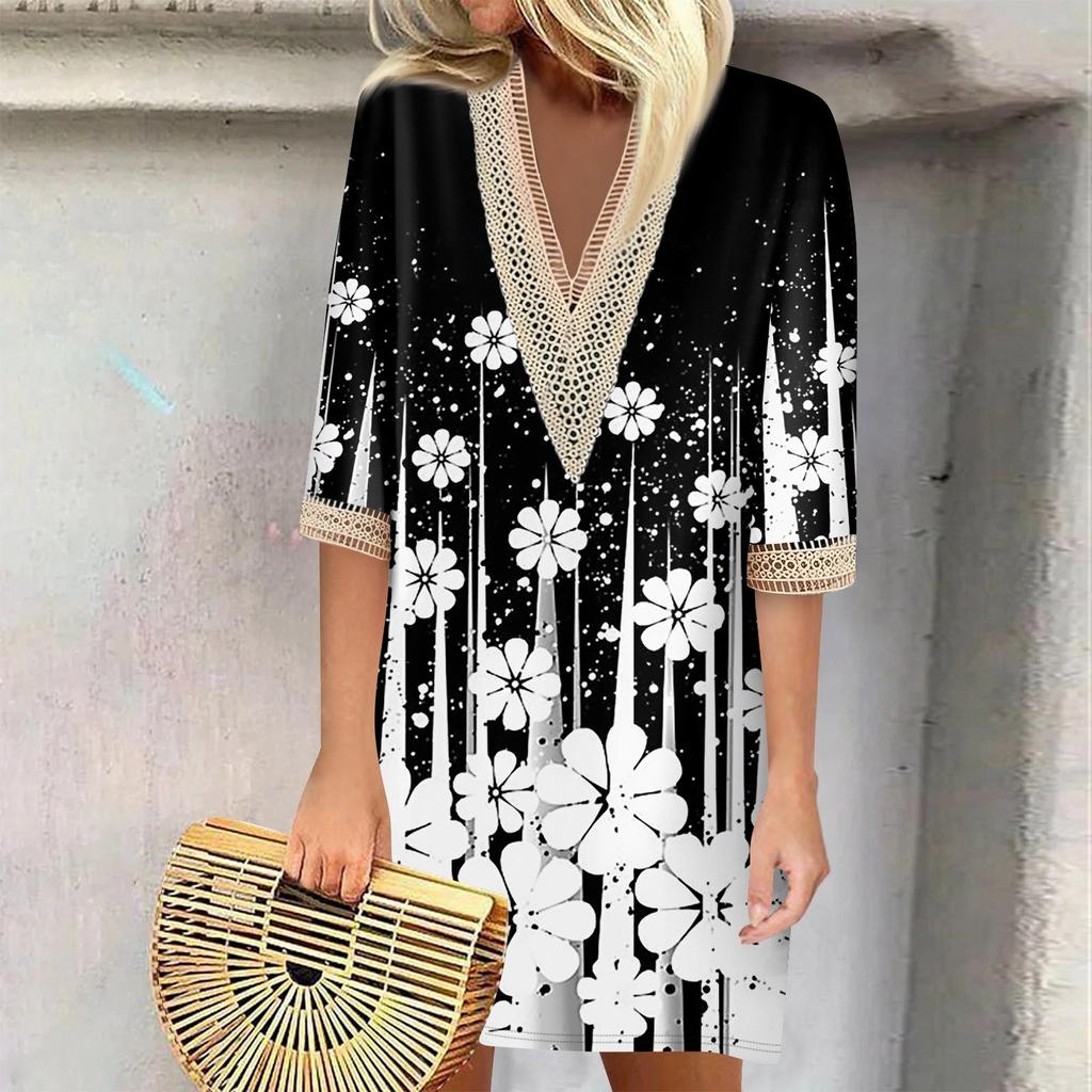 Летние платья для женщин, модное повседневное свободное кружевное платье с V-образным вырезом и рукавами 3/4 с принтом