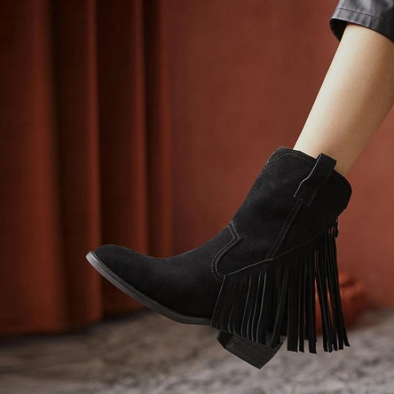 Fashion Ladies Mid Calf Shoes Tassel Brown Women's Half High Boots Wedge Heel Quality On Promotion Footwear Winter 2024 Novelty Gothic