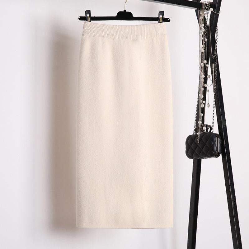 Осенне-зимняя облегающая юбка-карандаш миди шерстяная однотонная с разрезом спереди вязаная юбка