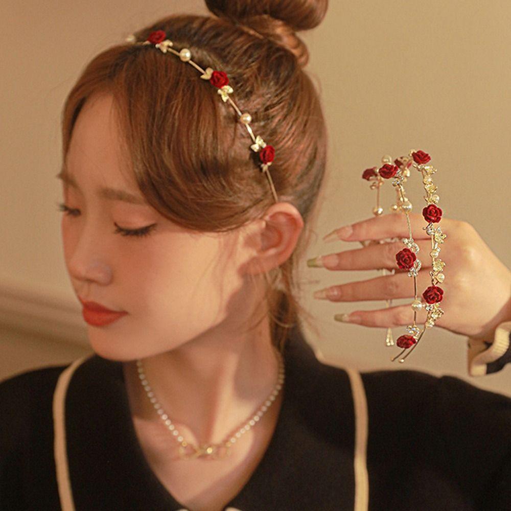 French Red Rhinestone Female Hair Accessories Pearl Hair Hoop Korean Style Headwear Rose Headband