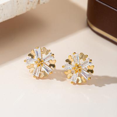 18K Gold Plated Snowflake Stud Earrings with Baguette Cut Cubic Zirconia Sparkly Butterfly Accent Crystal Earrings for Women E