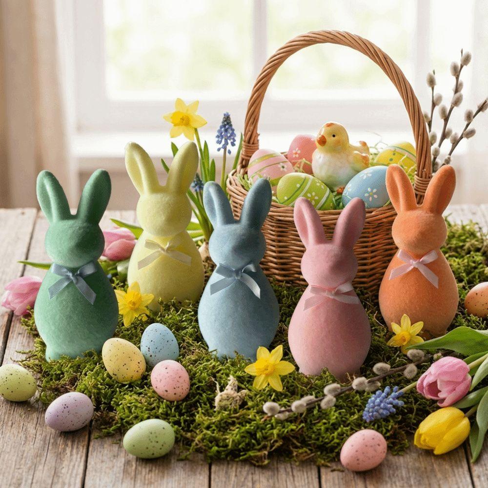 Plush Easter Bunny Statue with Bow Rabbit Gnome Doll Easter Holiday Bunny Sculpture Indoor Table