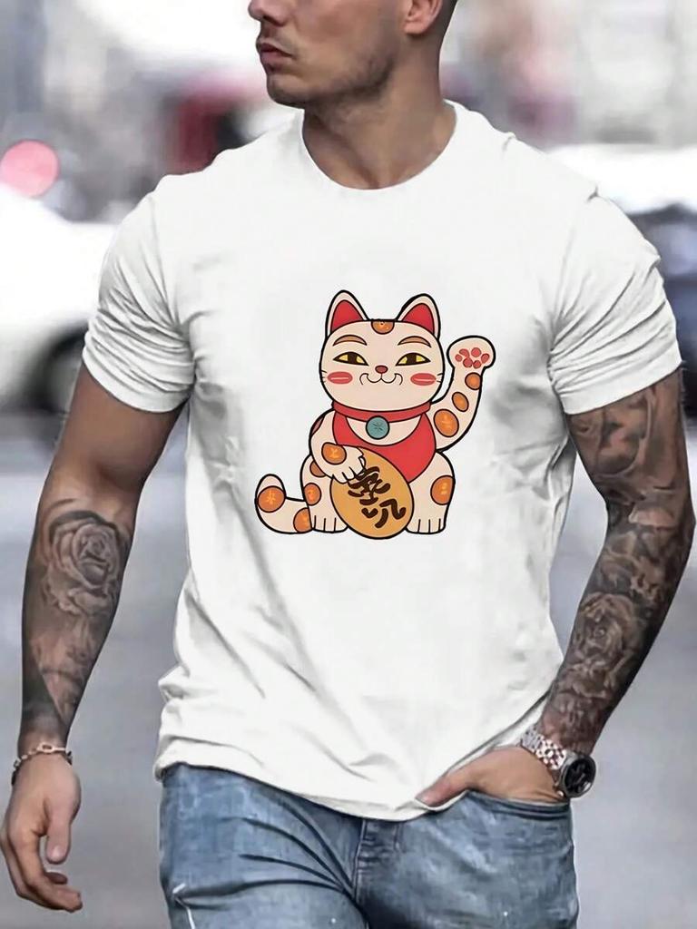 Summer Casual Short-Sleeved T-Shirt, Unisex's Lucky Cat Printed T-Shirt
