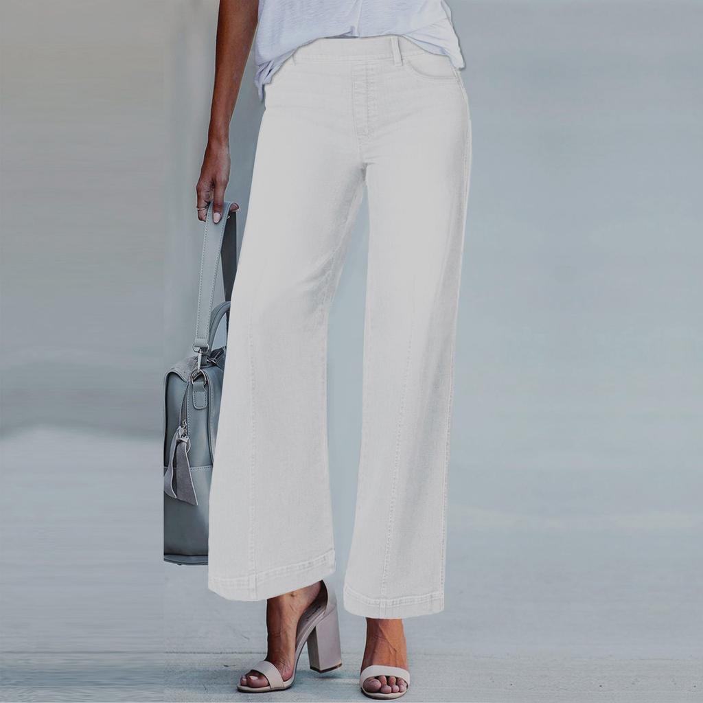 Women Seamed Front Wide Leg Jeans Elastic Waist Stretch Denim Flare Jeans High Waisted Jean Bell Bottom Cropped Pants