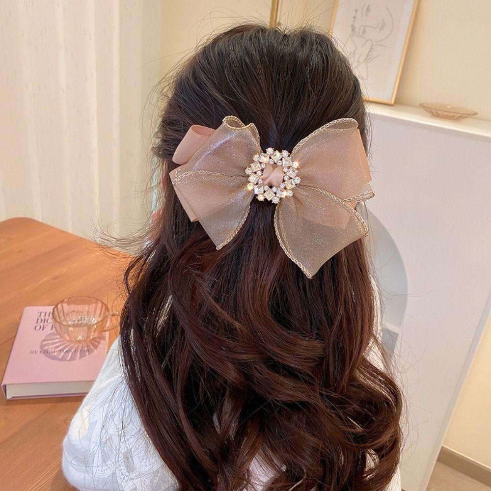 Hair Ornament Mesh Hair Clip Large Size Crystal Hair Clip French Bow Hair Clip Lady