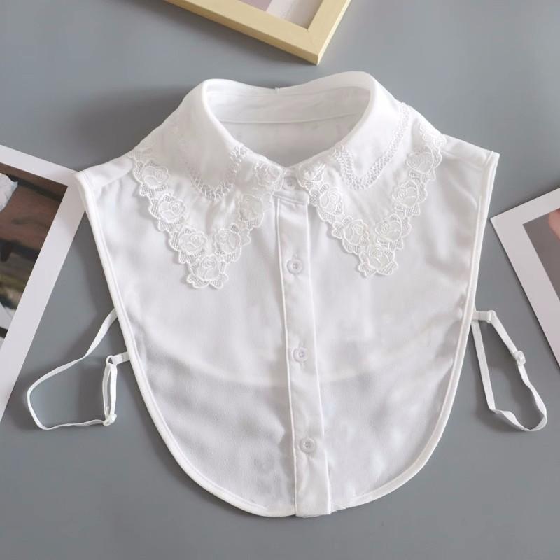 White Chiffon Fake Collars Woman Vintage Half Shirt False Collar Woman Embroidery Detachable Lapel Collar Faux Col Accessories