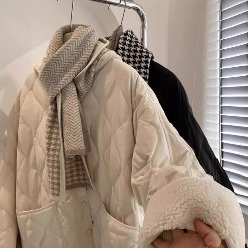 Ромбовидная стеганая куртка без воротника с коротким рукавом, внутренняя вставка из овечьей шерсти, повседневная, на хлопковой подкладке, хлопковая одежда, для девушки, зима