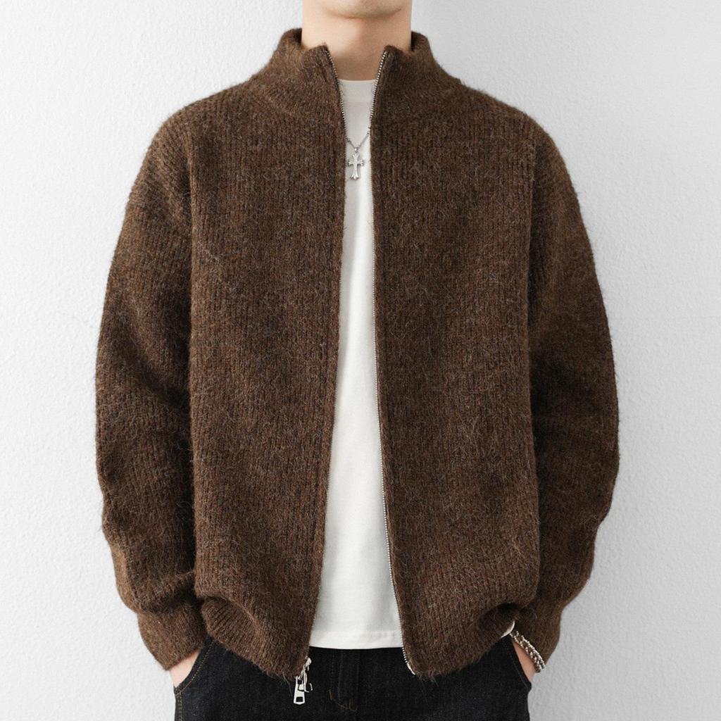 Мужской кардиган крупной вязки из шерсти - С воротником-стойкой, Повседневный стиль для весны и осени 2025