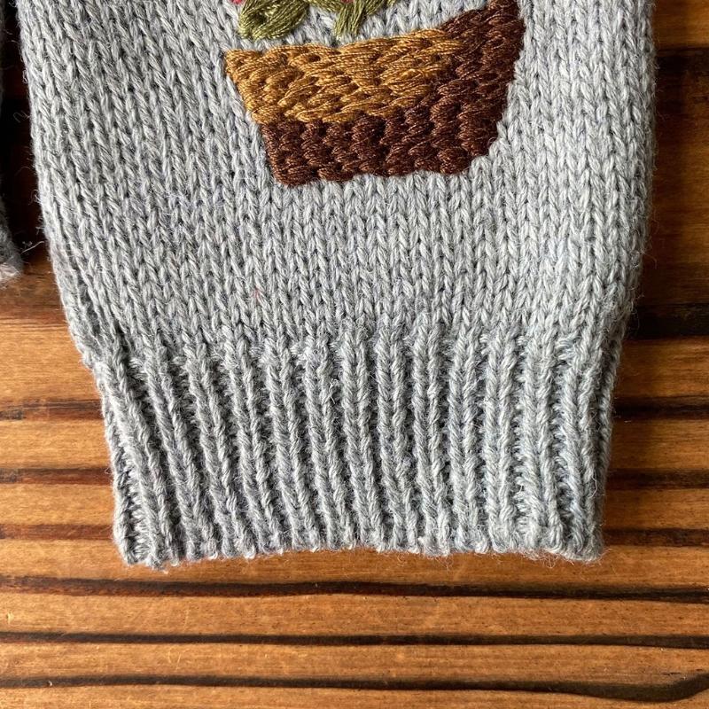 Cartoon Embroidered Hand Gloves Stretchy Knitted Mittens Fingerless Hand Warmer Flower Embroidery Half Finger Mittens