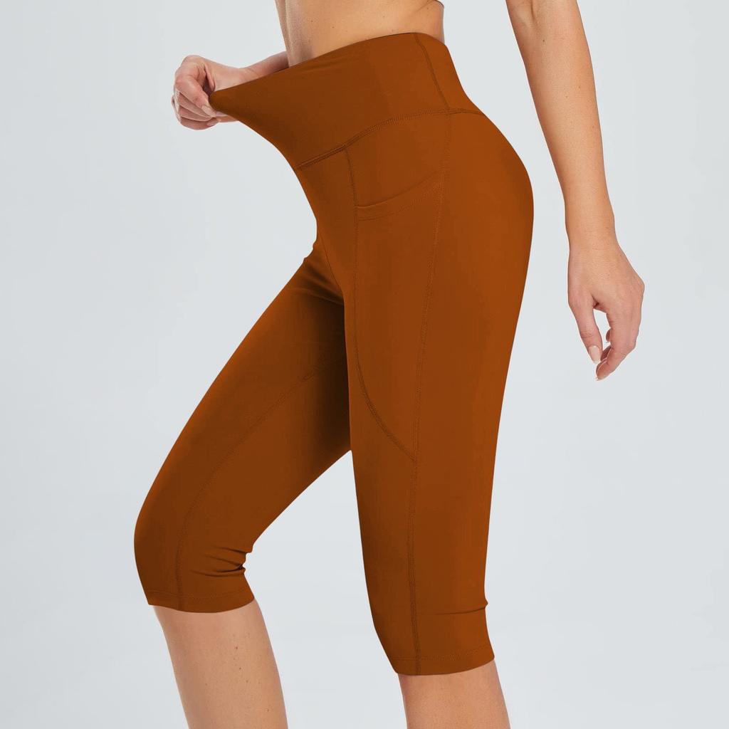 Women  Elastic High Waist 3/4 Pant Casual Active  Fit Wide Capris Leg Pants Trousers With Pockets