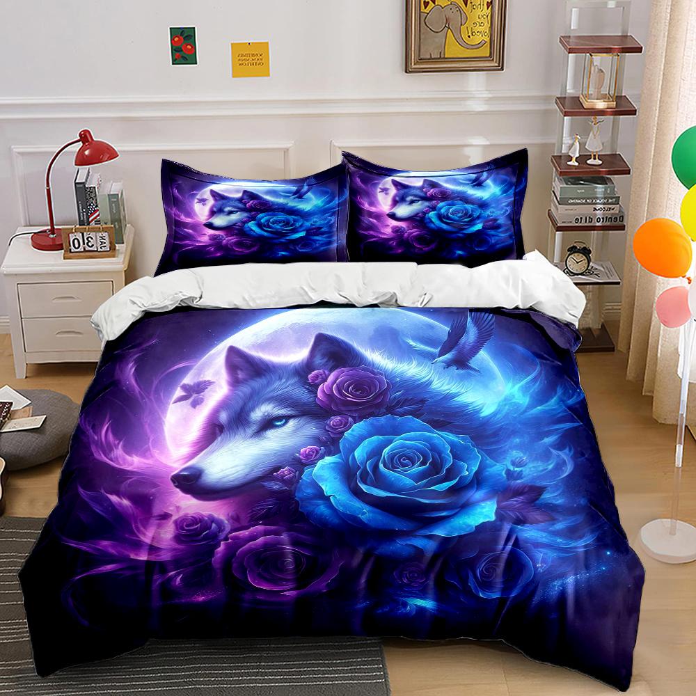 Wolf and Rose Print Bedding Set Sports Enthusiast Duvet Cover 1 Duvet Cover 2 Pillowcases Adult and Children Bedding Set Luxury