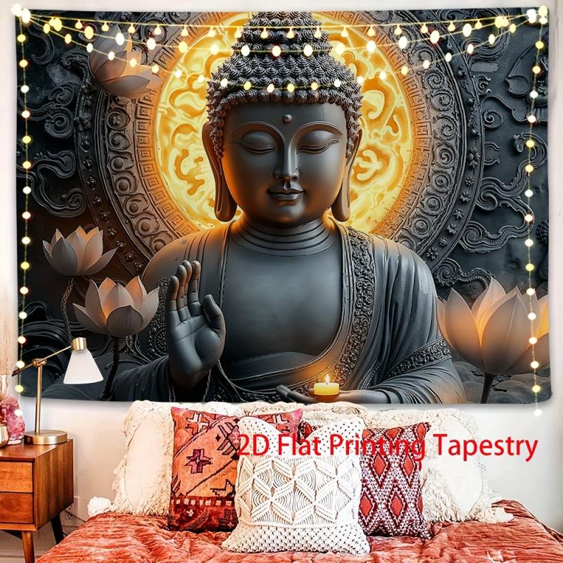 VIKAMA Black Gold Zen Art Buddha Lotus Tapestry Living Room Yoga Meditation Space Background Wall Decoration Tapestry