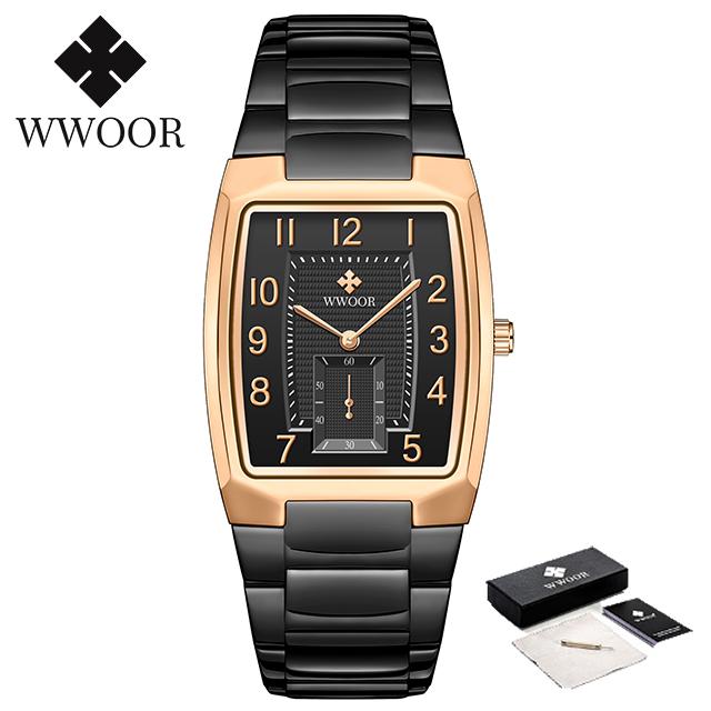 WWOOR New Top Brand Men Black Fashion Luxury Casual Watch Square Quartz Business Waterproof Wrist Watches Relogio Masculino