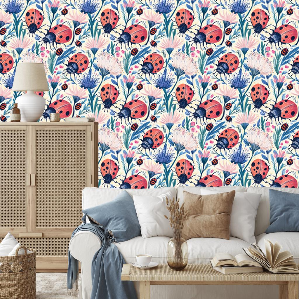 Ladybugs Wallpaper Light Gray, Blue, and Coral 50x1000