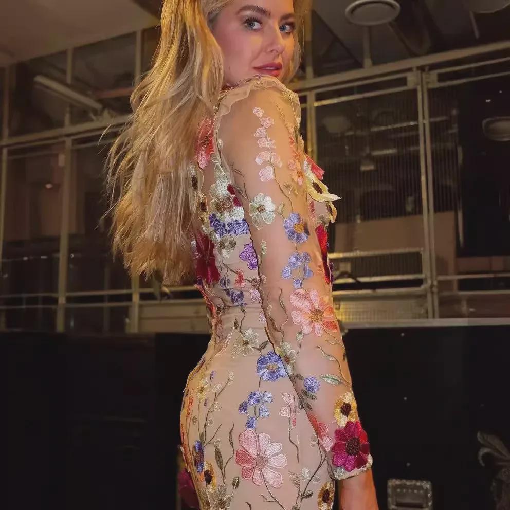 Платье-рыбий хвост из сетки с цветочной 3D-вышивкой - весна/лето