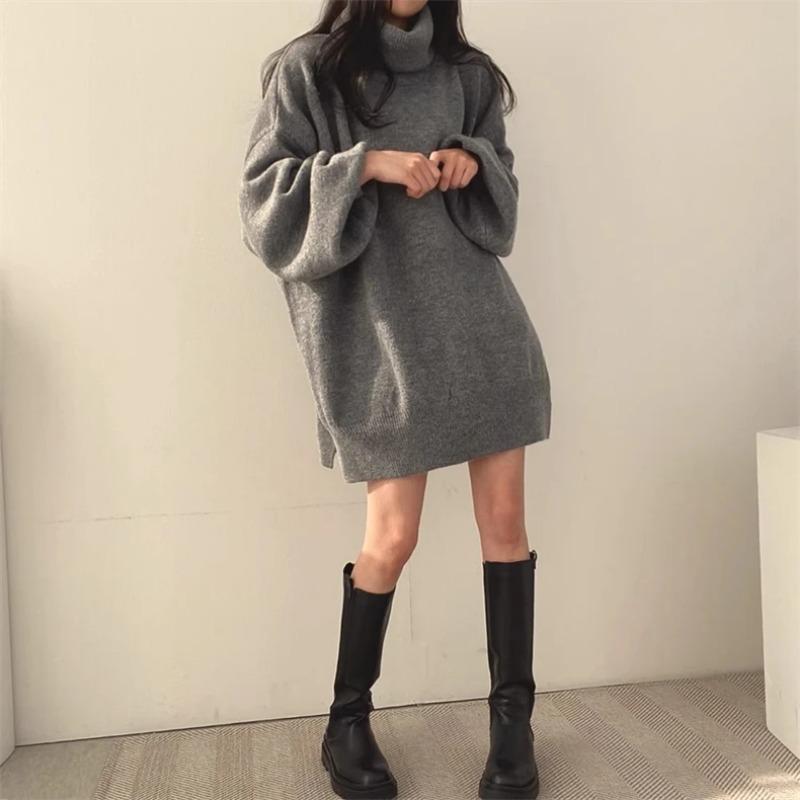 Зимний повседневный вязаный длинный рукав однотонный мешковатый свитер корейская мода женский шикарный водолазка теплый сексуальный свитер