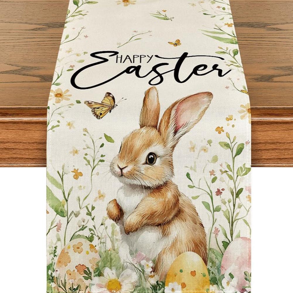 Easter Bunny Linen Table Runner Bunny Dining Table Cloth Placemat Washable Table Flag Spring Holiday Happy Easter Decoration