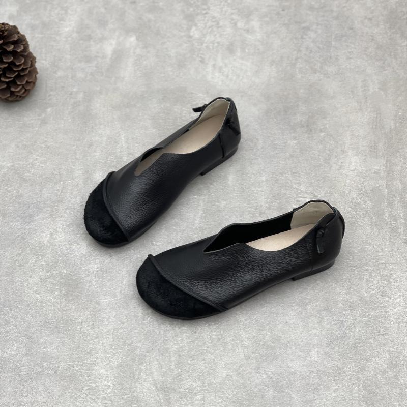 Johnature Retro Genuine Leather Women Soft Sole Flats Shoes Handmade Casual Shallow Round Toe Slip-on Loafers