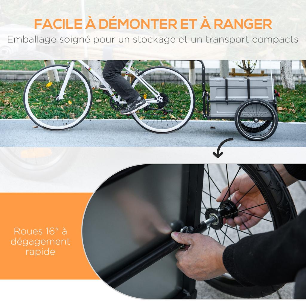 Bike Trailer with Removable and Foldable 65L Storage Box, Safety Reflectors, Max. Load 40KG, Grey