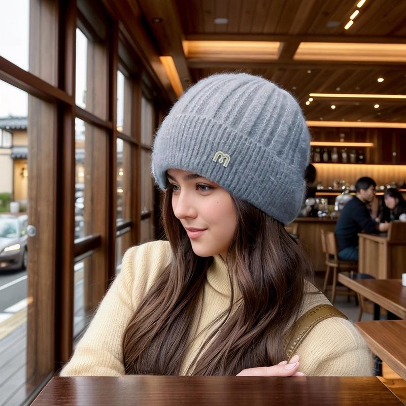 Женская корейская модная вязаная шапка из норки – Универсальный однотонный цвет, Плюс бархат, Утолщенная, Ветрозащитная шерсть