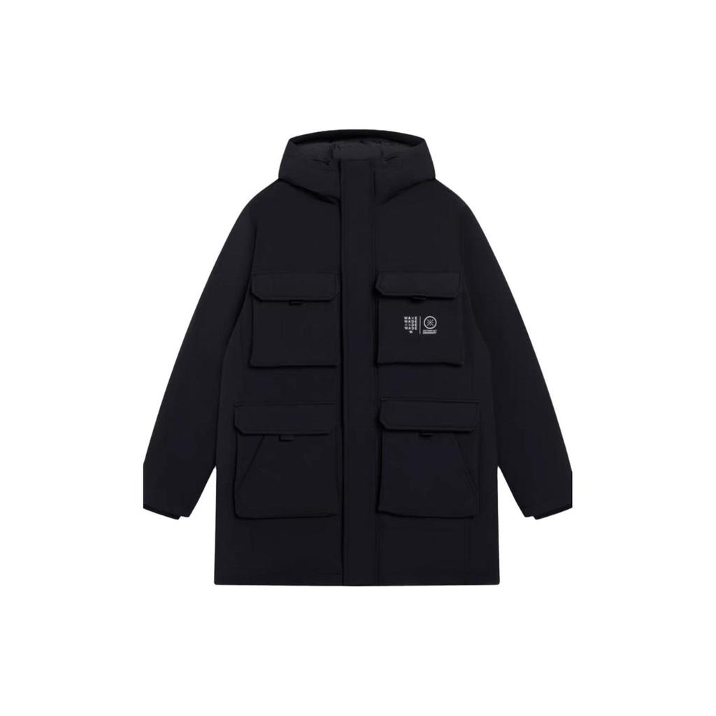 Li Ning однотонная теплая удобная куртка-пуховик с капюшоном и несколькими карманами, мужская куртка черного цвета AYMS147-1