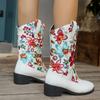 Women's Flower Print Mid Calf Boots PU Leather Chunky Heeled Shoes Street Cowboy Boots Woman Pointed Slip On Western Botas Mujer