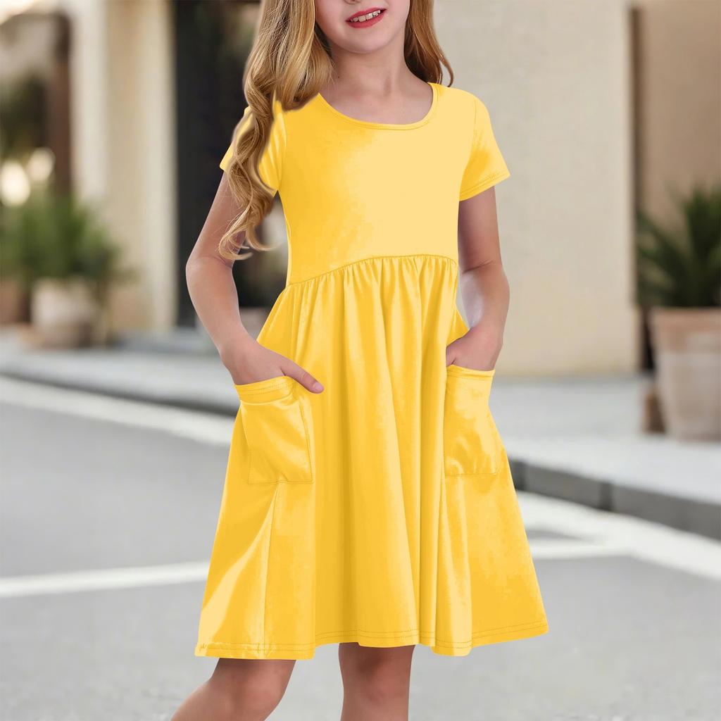 Children's Skirt Round Neck Short Sleeve Princess Dress Fashion Casual Pocket Dress For Girls