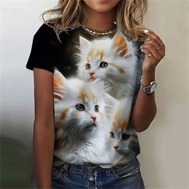 Модная женская футболка с 3D принтом Kawaii Cat Pattern, топ с короткими рукавами и круглым вырезом, летняя уличная повседневная уличная простая одежда