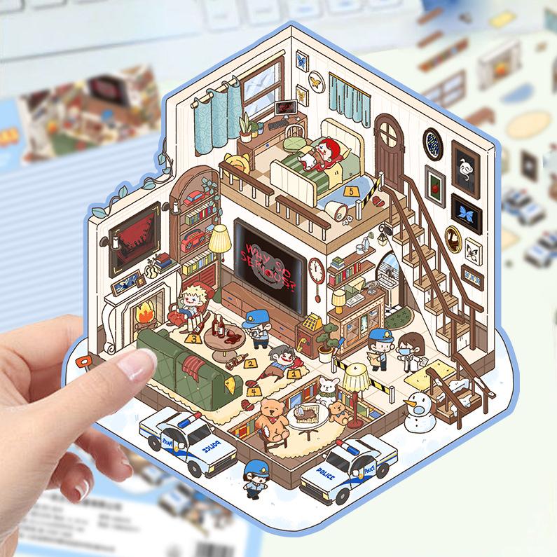 Cartoon Landscape Stickers Multiple Miniature World 3D Hut Unzip DIY Scene Manual Post