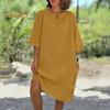 Женское свободное платье-рубашка из хлопка и льна, повседневное платье миди с рукавом 1/2 и круглым вырезом, летний пляжный сарафан для отдыха