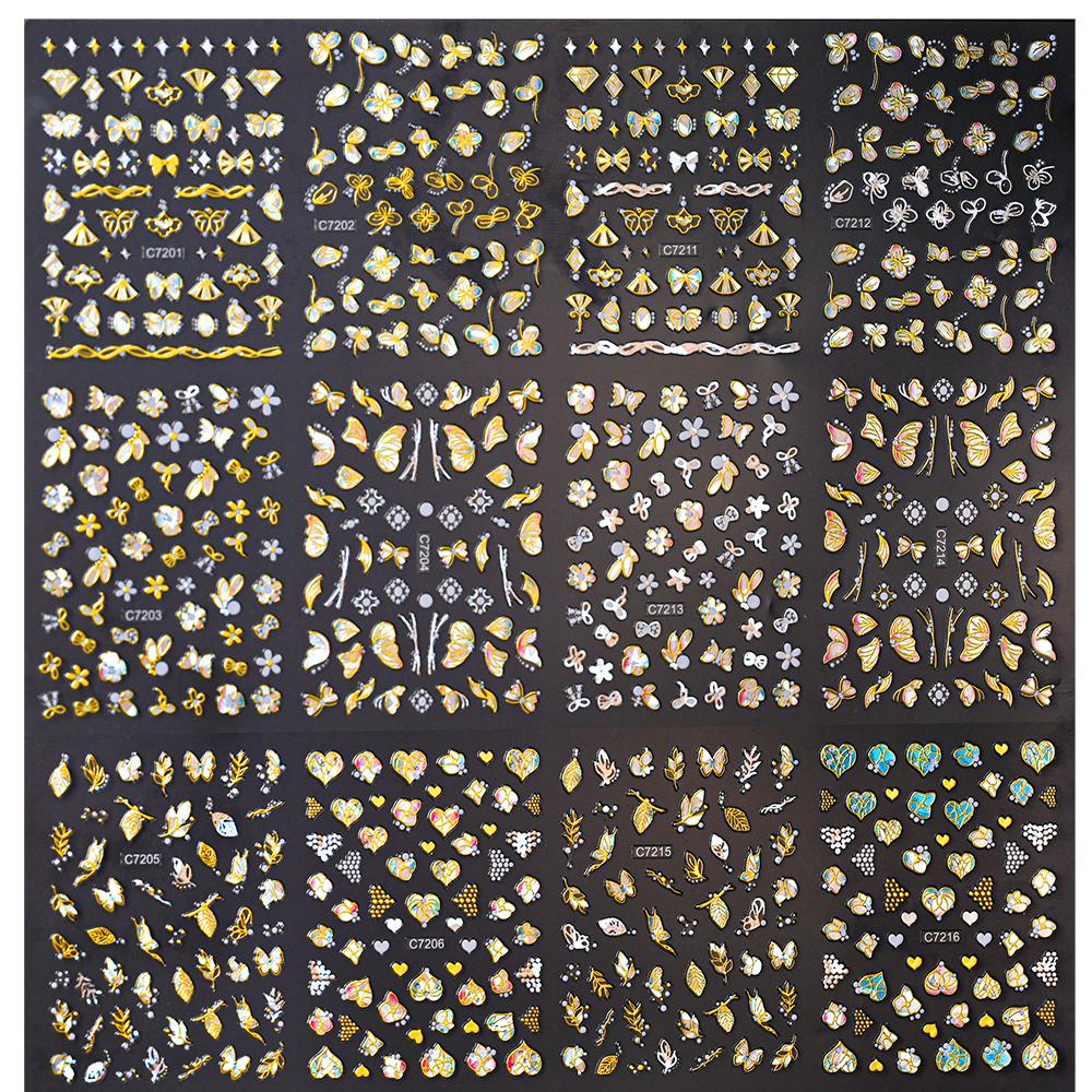 20 шт./компл. 3D голографическая лазерная Золотая наклейка для ногтей с бабочкой, бронзовые цветы, сердце, самоклеящиеся слайдеры для ногтей, маникюрные наклейки