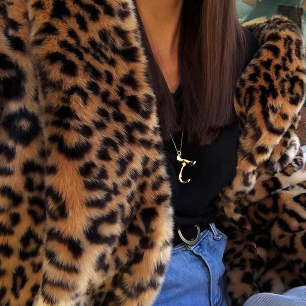 TrendHub New Women Leopard Print Faux Fur Coat Long Sleeve Fluffy Winter Warm Plush Overcoat