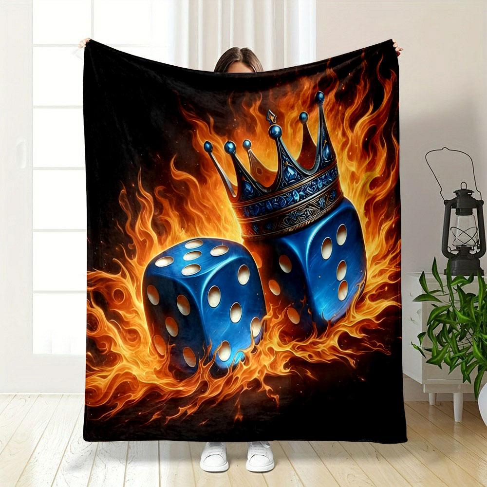 "Fiery Blue Dice with Crown Design" Patterned blanket, flannel, suitable for all seasons, home decor, warm and cozy
