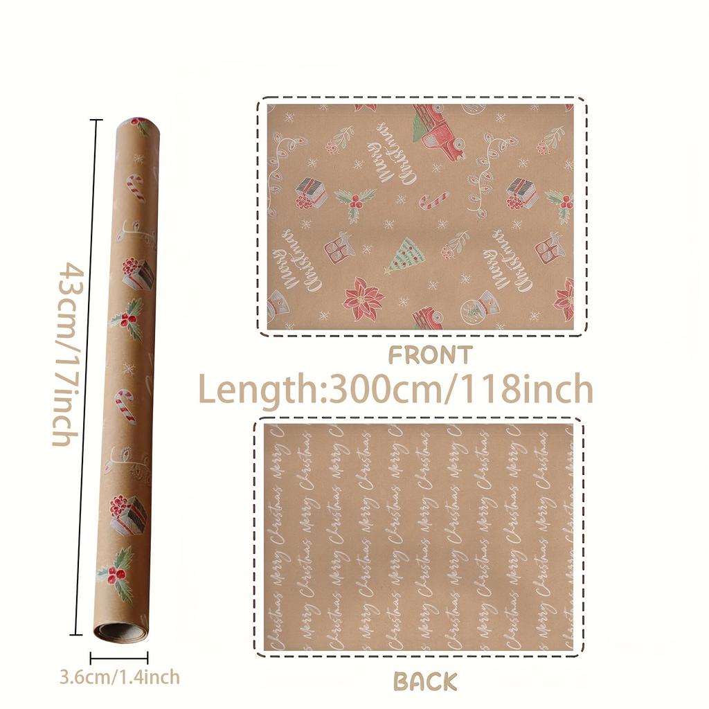 1 рулон рождественской оберточной бумаги - двухсторонняя крафт и светло-коричневая со снежинками, колокольчиками, леденцами, оберточная бумага для подарков