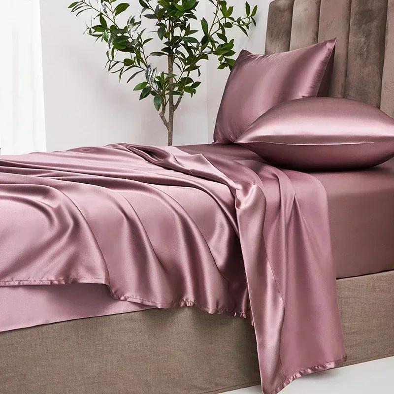 Luxury Satin Fabric Queen Size Bed Sheets Set King High Quality Fitted Sheet Flat Sheet Pillowcase Solid Bed Set Bedsheet Sets