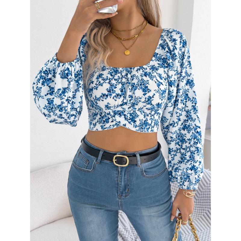 Ранняя осень, цветочный, рукав-фонарик, завязка, приталенная талия, кроп-топ для женщин