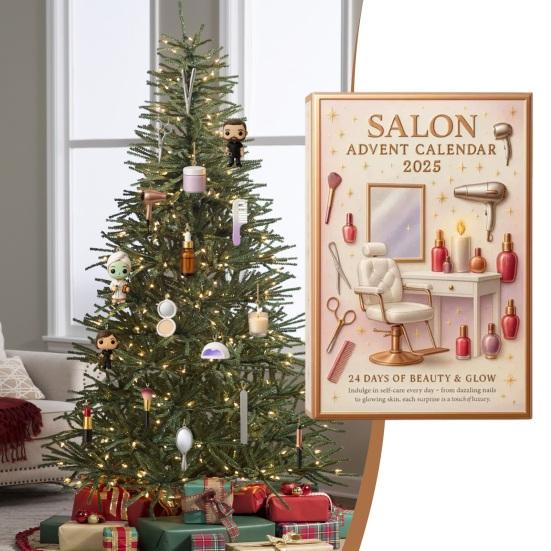 Salon Advent Calendar 2025 24 Days Acrylic Ornament Box with Beauty Themed Surprises Christmas Countdown Decor for Makeup Lovers & Holiday Fun