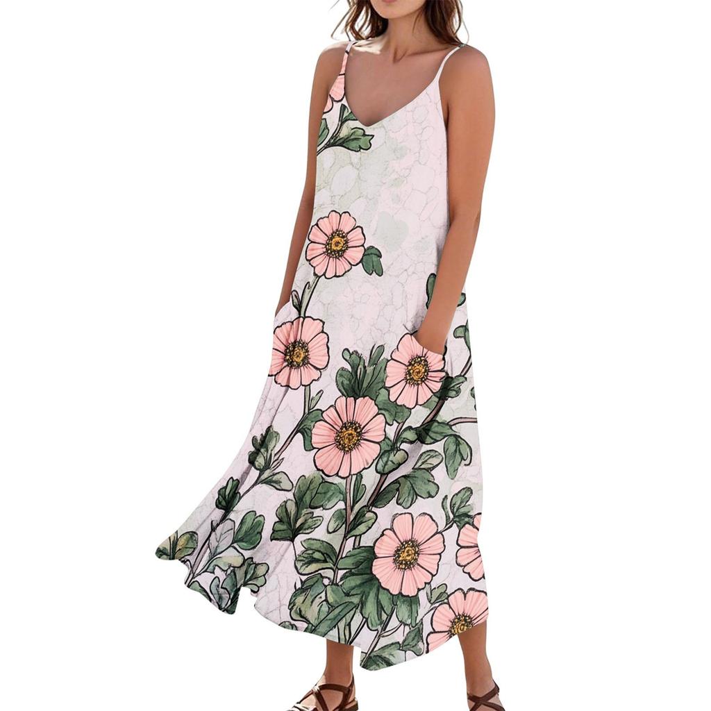 Women's Casual Tie-Dye Floral Print Sleeveless Pocket Dress