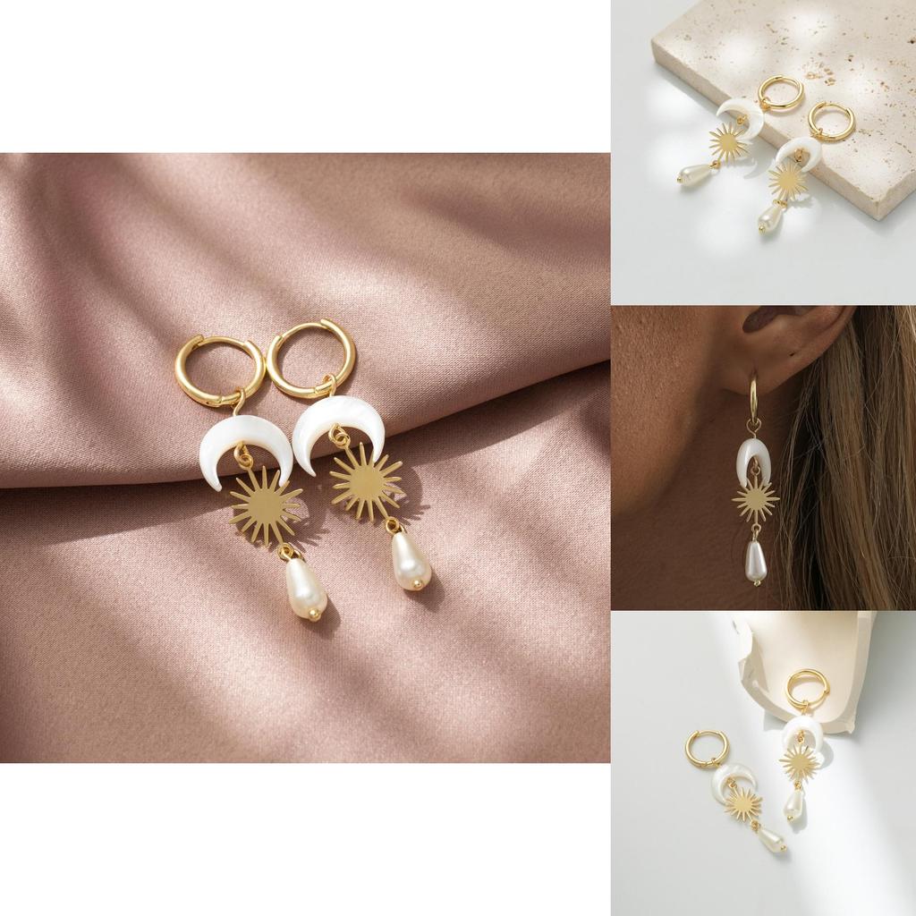 Fashionable Moon Teardrop Pendant Earrings With Elegant Natural Shell Design
