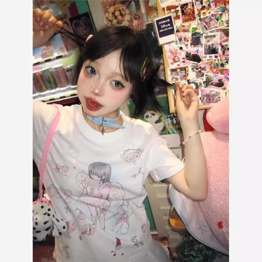 Kawaii Sweet Streetwear Футболки женские японские модные Y2k Графический принт ангела O-образный вырез Свободные футболки Топы Мягкие летние для девочек