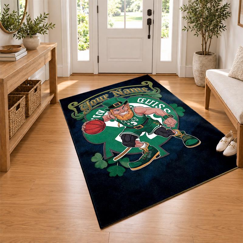Boston Celtics Custom Name Personalized Rug Non‑Slip Doormat Floor Carpet Housewarming Birthday Gift for Family Friends