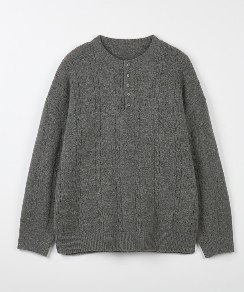 NODU Soft Henley Neck Round Long Sleeve Knit [Gray]